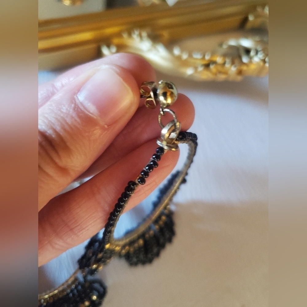 Black Beaded Fringe Earrings - Picture 3 of 3
